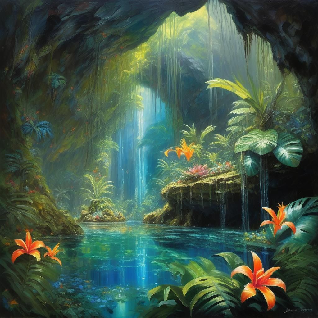 Lush Cave Rainforest with Crystals, Oil Painting