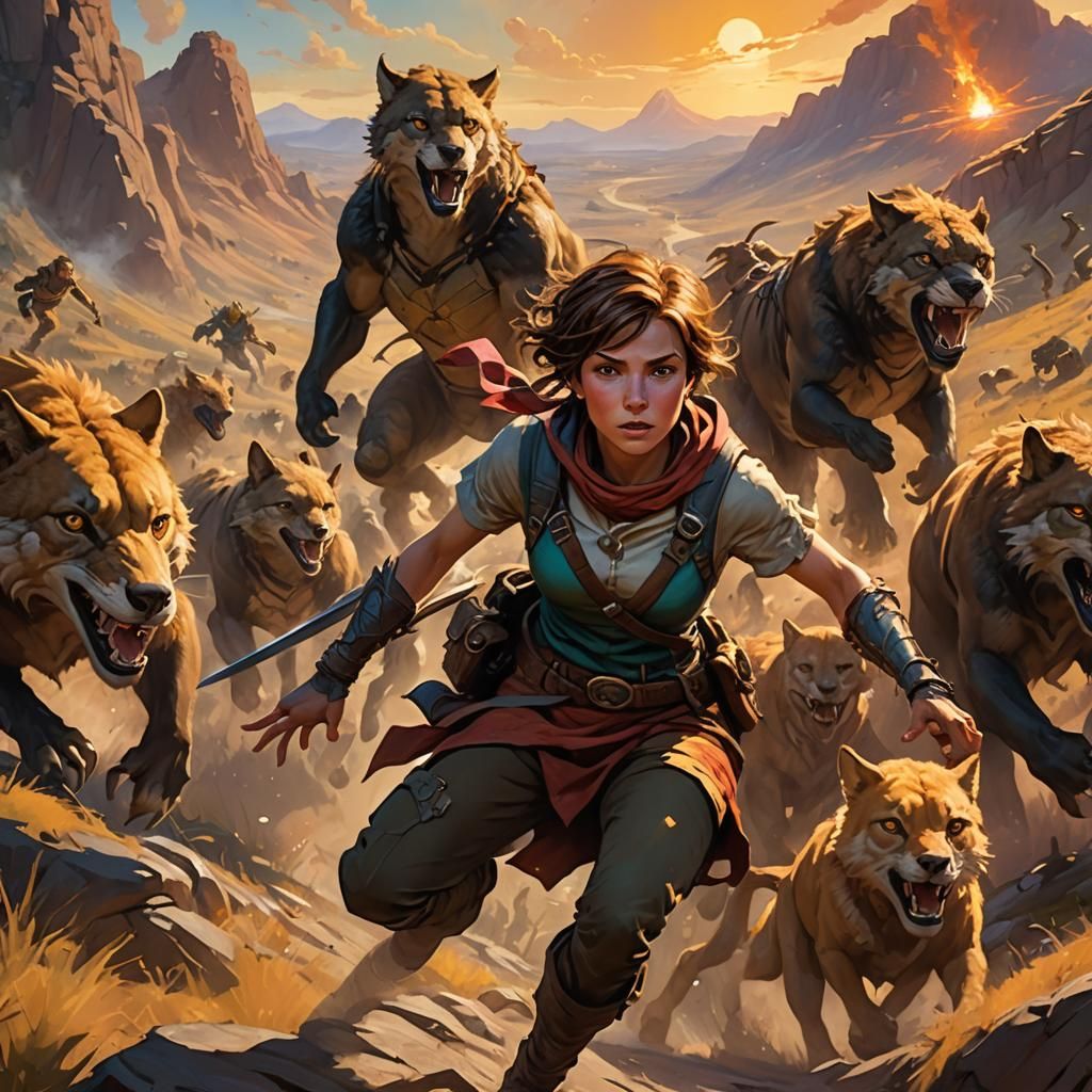 Female Adventurer Battles Creatures: Vibrant Oil Painting