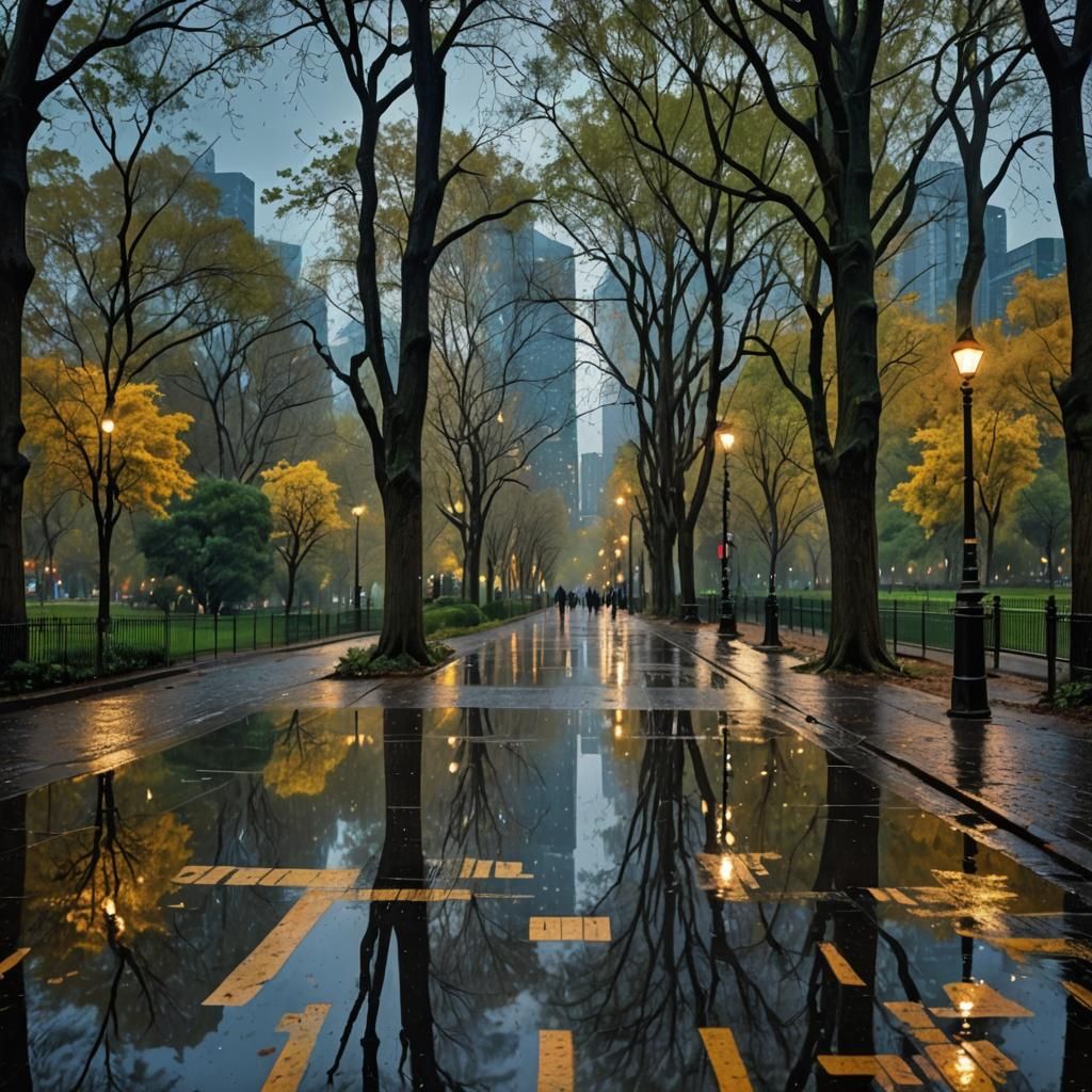 Rainy City Park at Night: Hyperrealistic Cinematic Photo