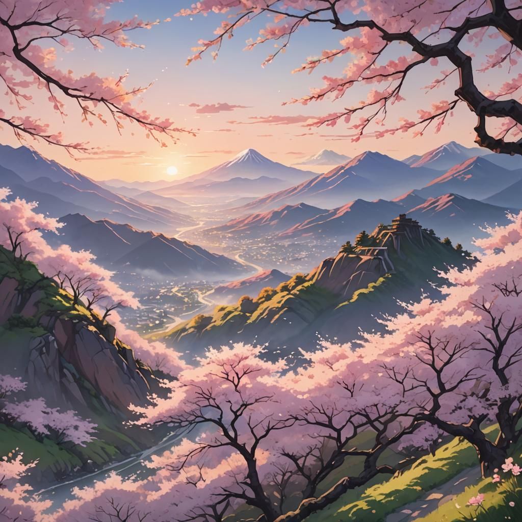 Serene Anime Mountain Landscape with Cherry Blossoms