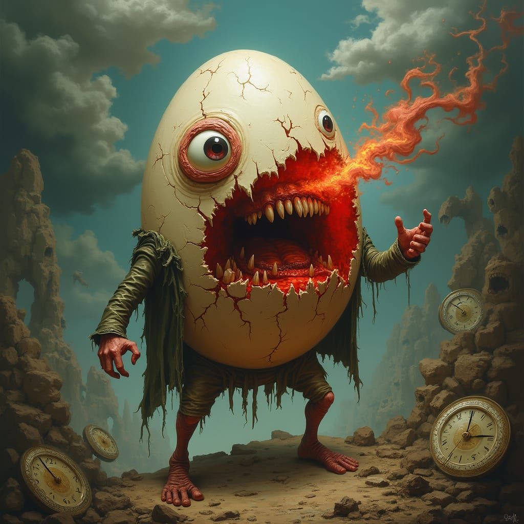 Furious Surreal Egg Character in a Nightmarish Landscape