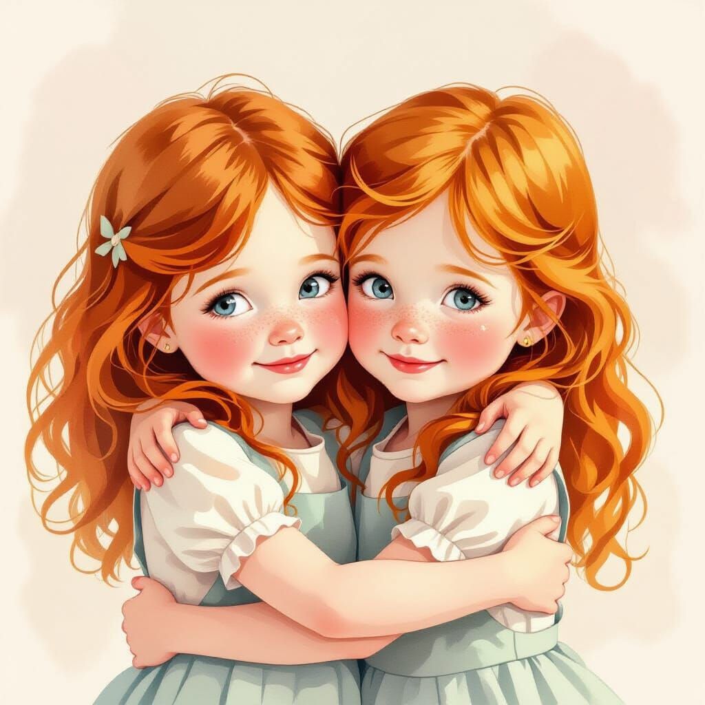 Twin Girls Hugging in Warm Watercolor Style