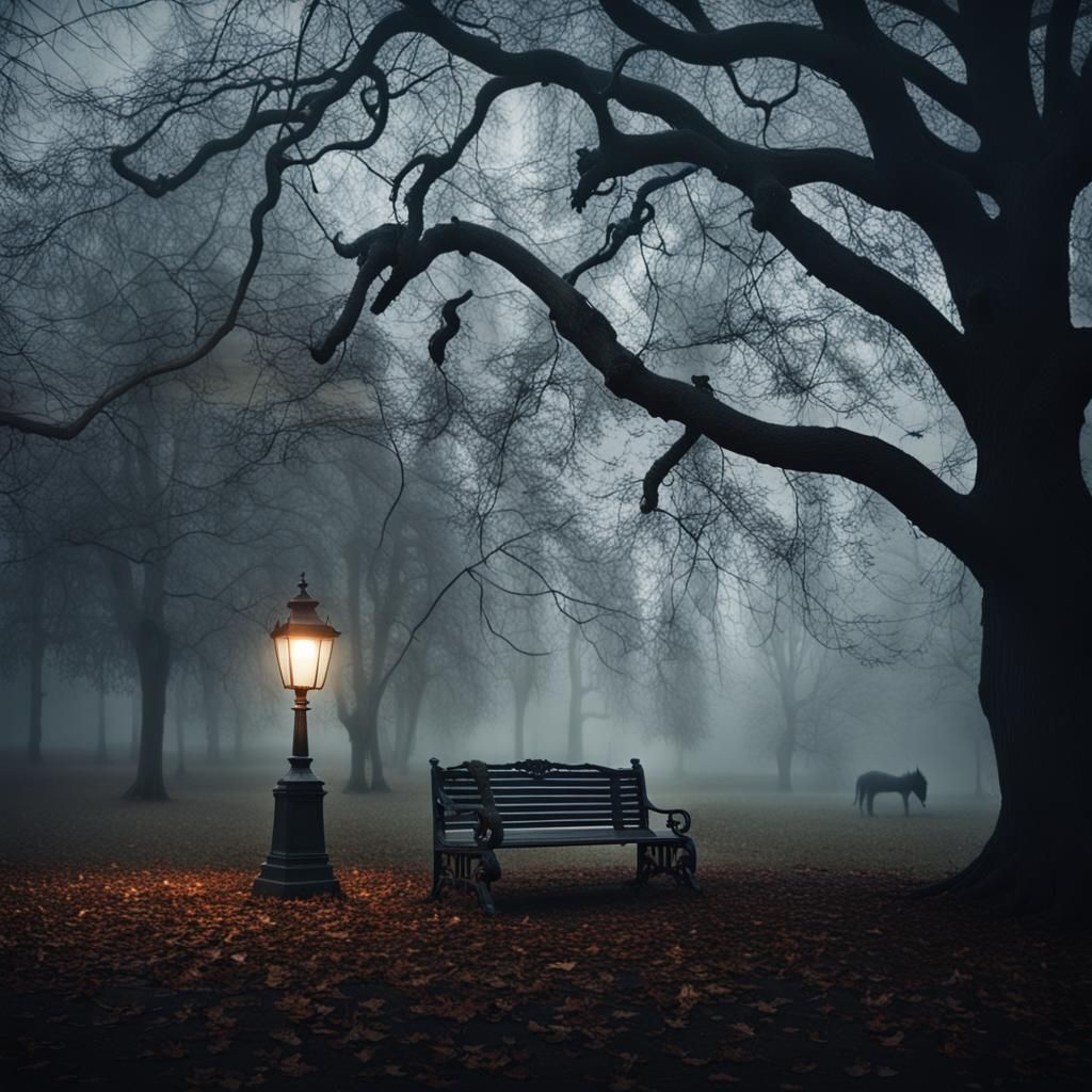 Eerie Victorian Park with Mythical Creature