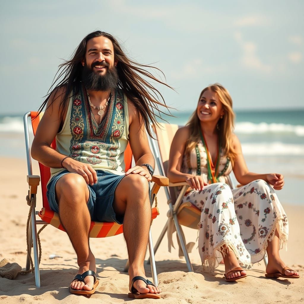 Happy Hippie Man and Boho Woman on the Beach