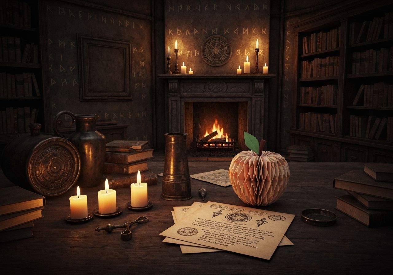 Origami Apple with Witch Notes and Magic Items