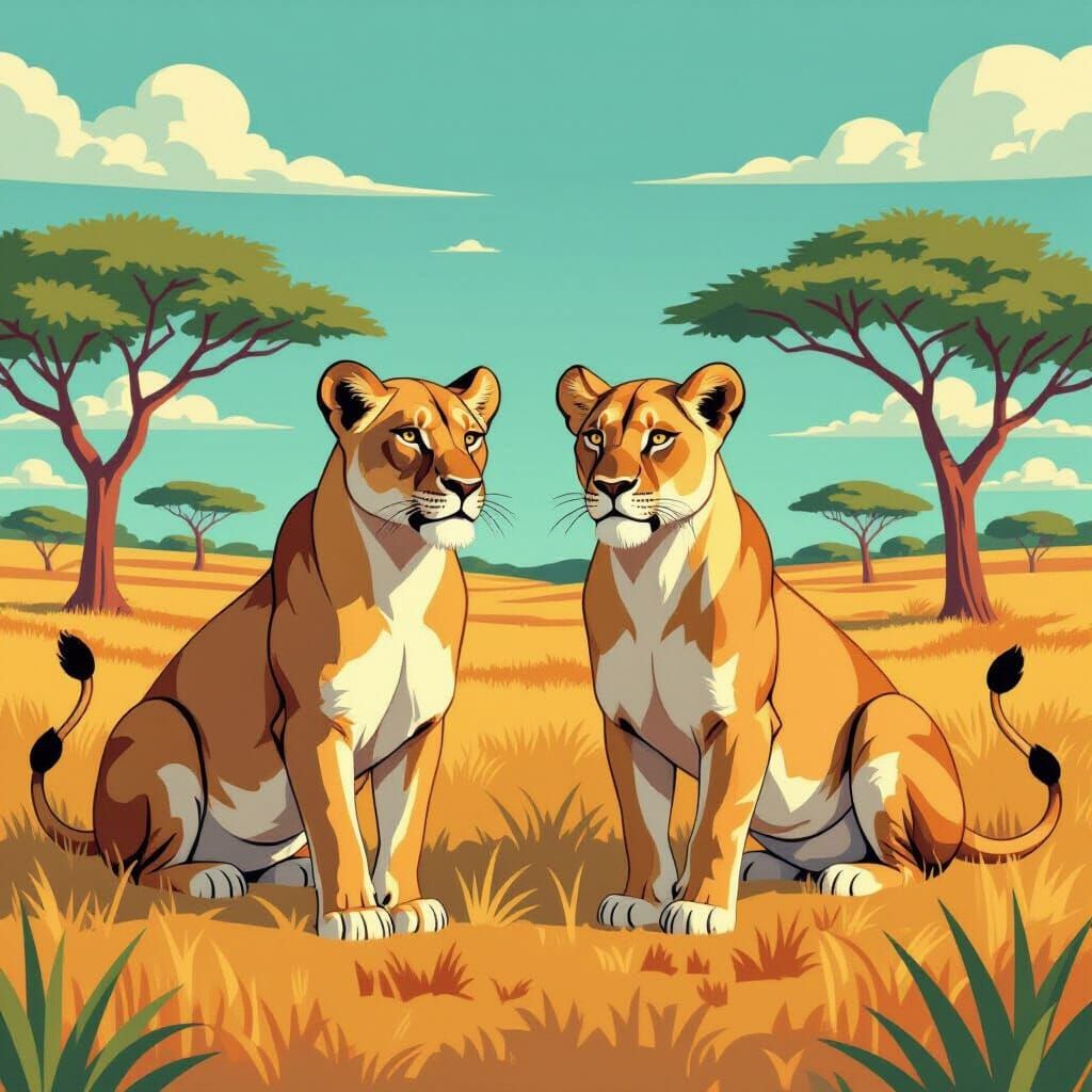 Lionesses in Pastel Savannah: Wes Anderson Style