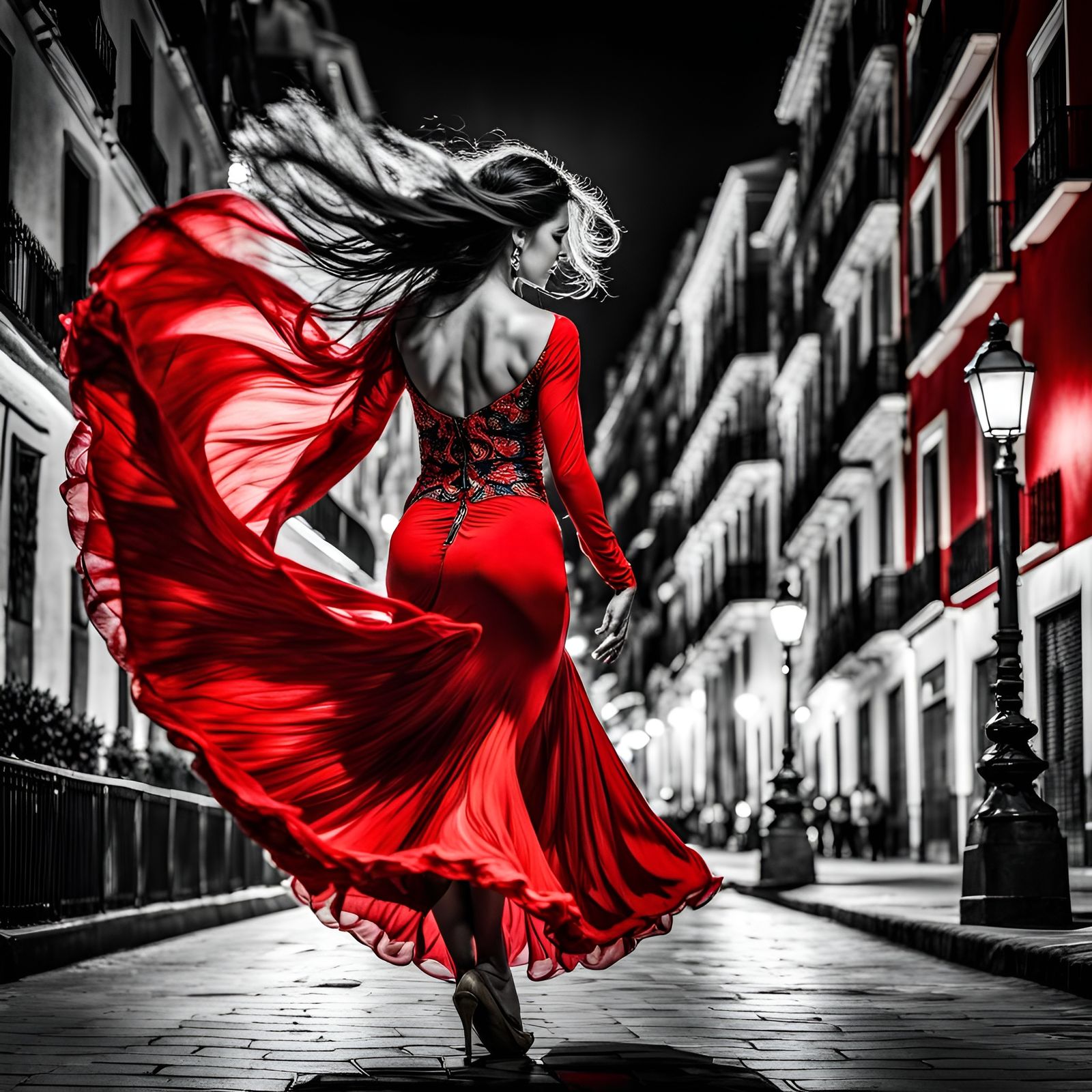 Flamenco Dancer in Madrid at Night, Noir Photography