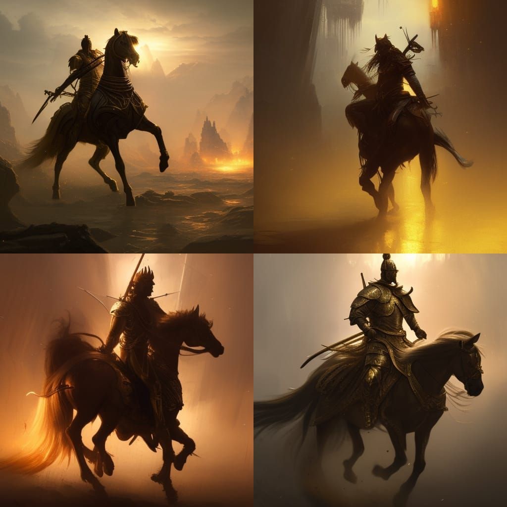 Golden Warrior on Horseback, Dark Fantasy Concept Art
