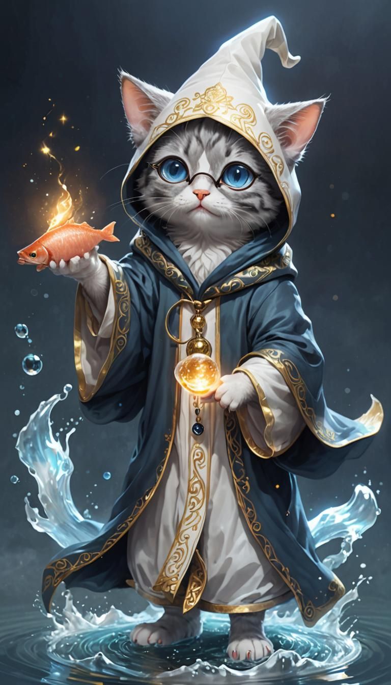 Kitten Wizard Casting Growth Spell on Salmon