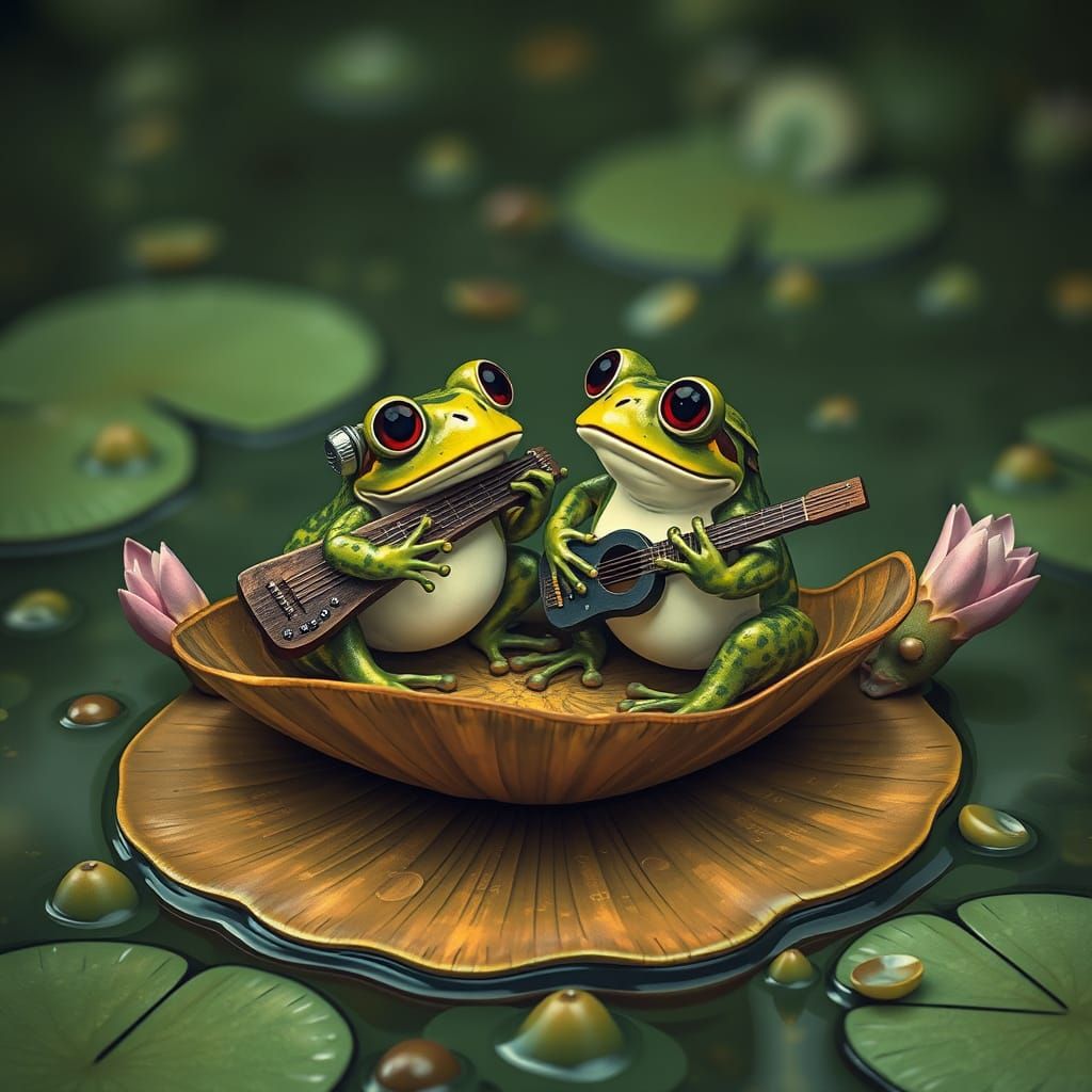 Cyberpunk Fantasy Frogs Singing Blues on a Lily Pad