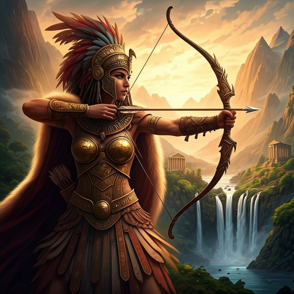 Amazonian Warrior Queen Hatshepsut Aiming Bow Near Greek Tem...