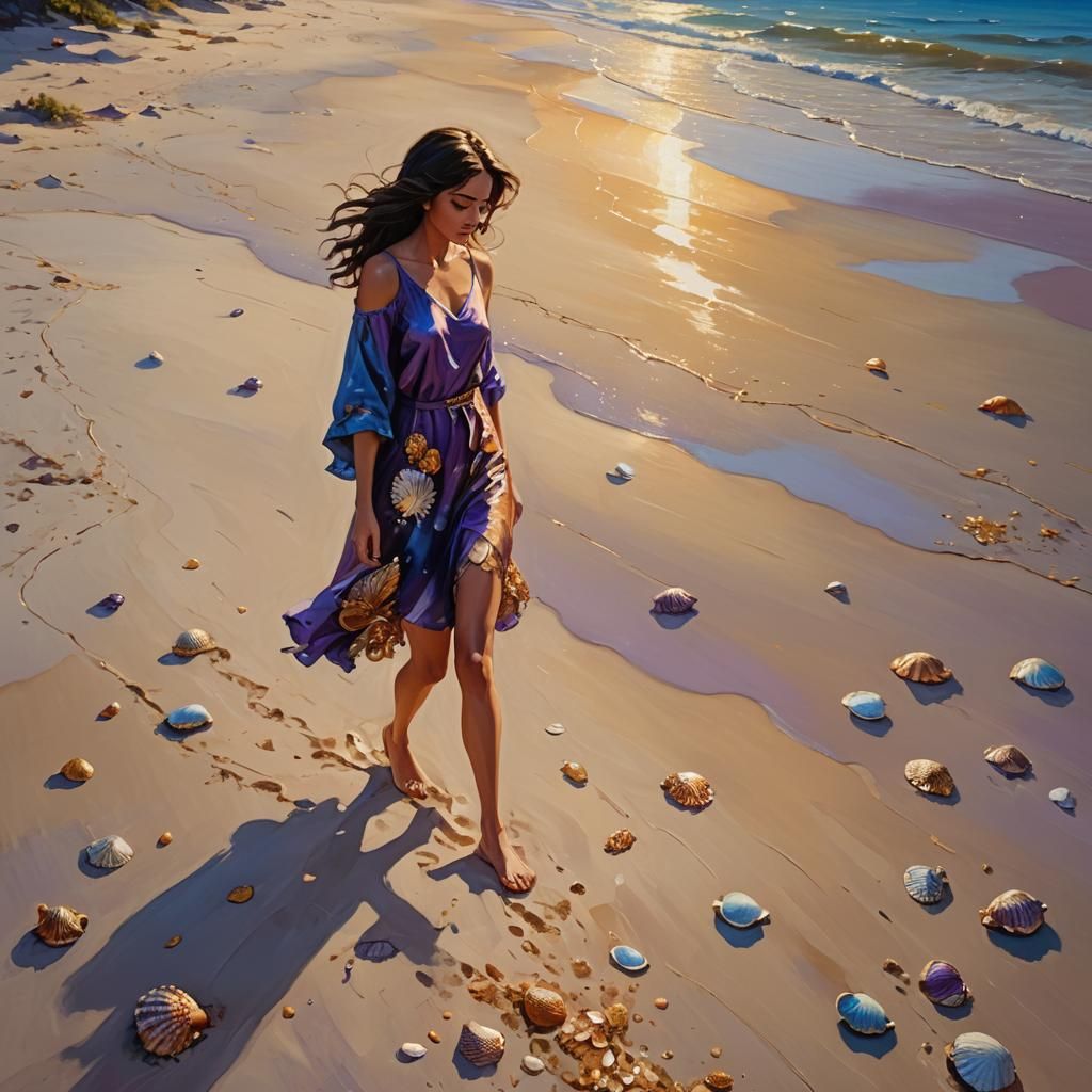 Girl on Beach in Vibrant Oil Painting Style