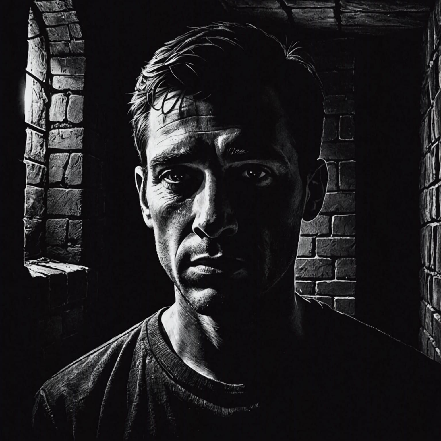 Monochromatic Cellar Portrait in Woodcut Style
