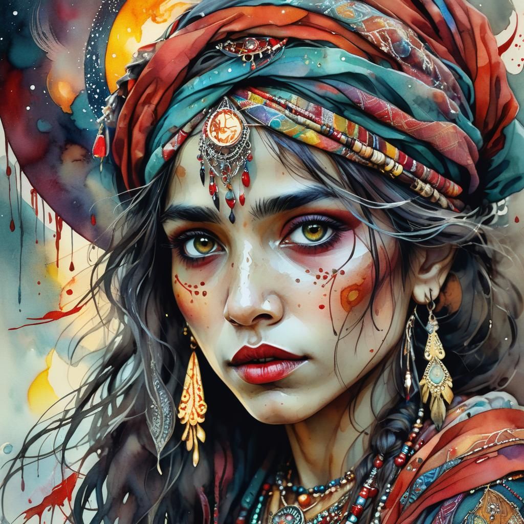 Digital watercolor Illustration of a gypsy woman bloodmoon i...