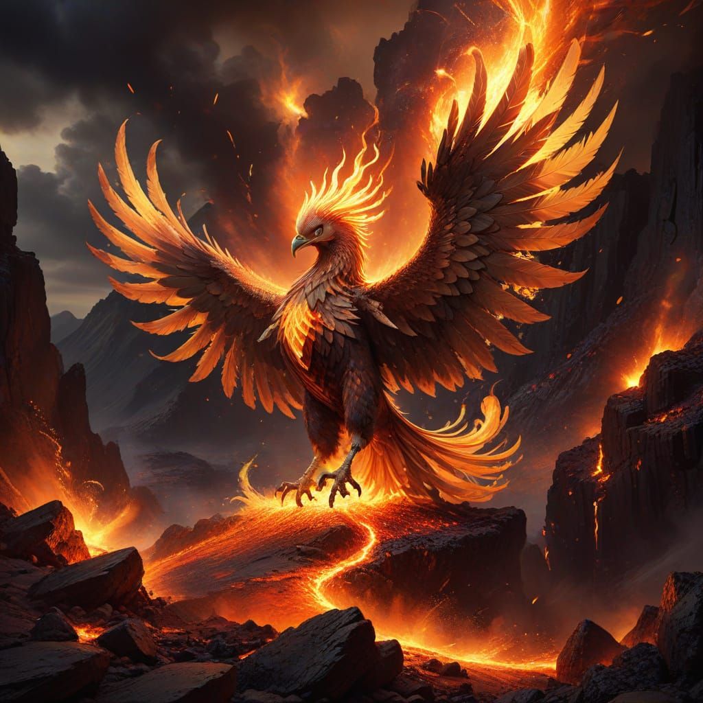 Phoenix Rising from Fiery Volcano in Digital Painting