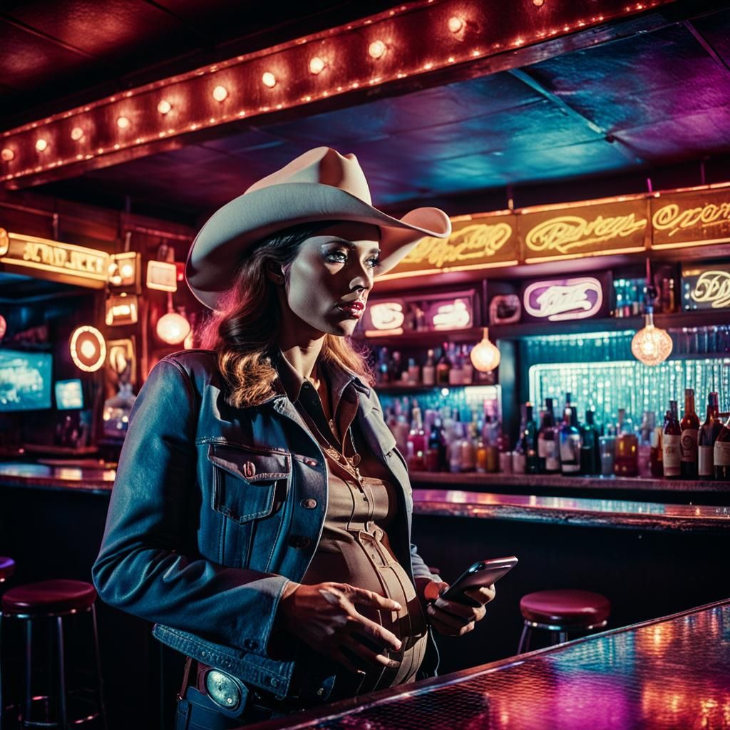 Pregnant Cowgirl in Disco Bar: Cinematic Film Still