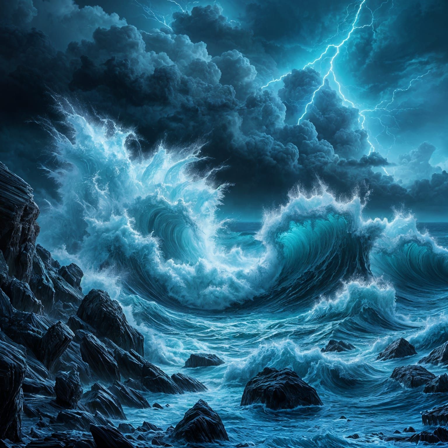 Tempestuous Sea Illuminated by Electric Blue Lightning