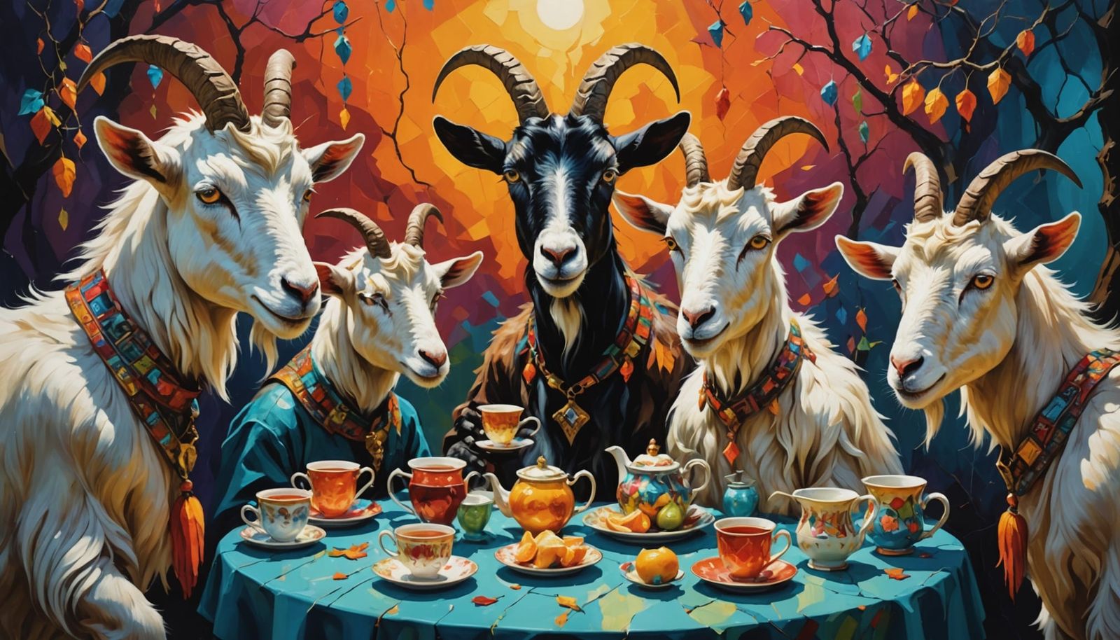 Surreal Whimsy: Goats Enjoy Bizarre Tea Party