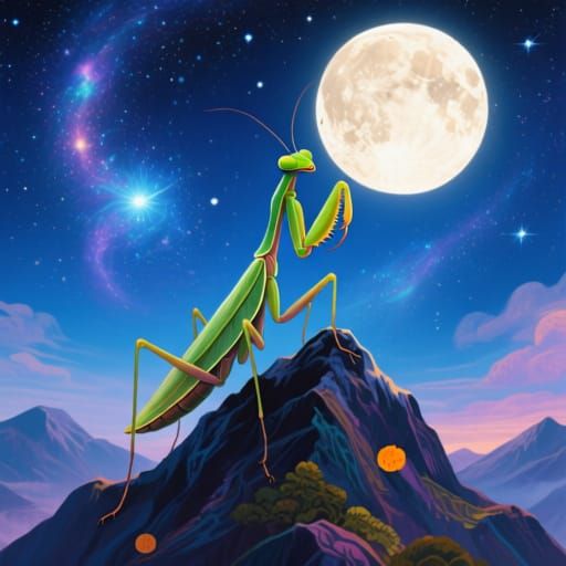 Mantis Gazing at Moon in Astral Landscape