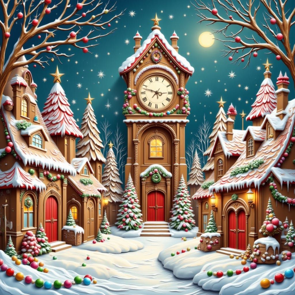 Whimsical Gingerbread Village with Clock Tower