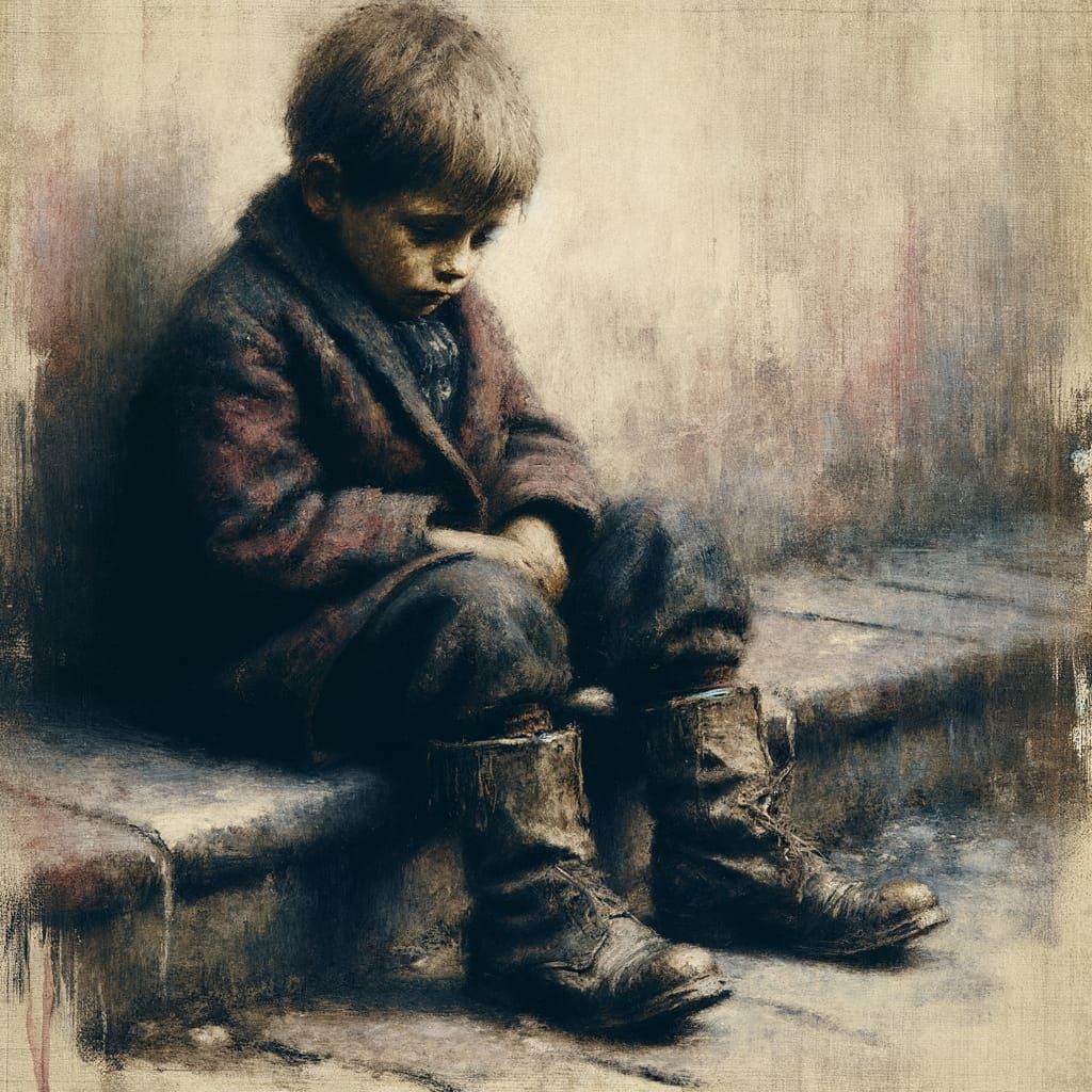 Sorrowful Child on Sidewalk as Late 19th Century Oil Paintin...