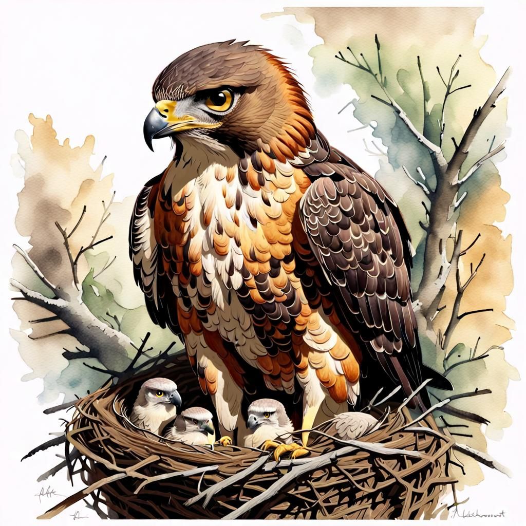 Hawk Nesting Portrait in Watercolor Sketch Style