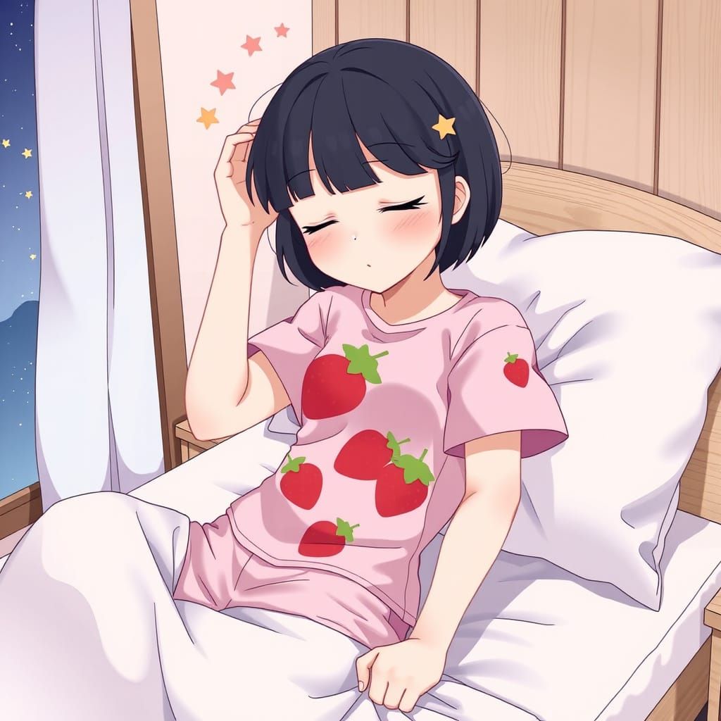 Sleeping Anime Girl in Strawberry Outfit