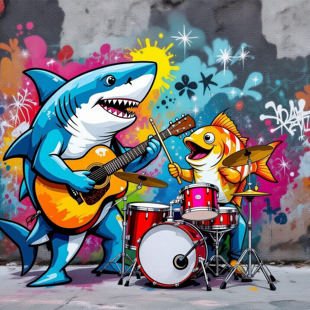 Shark and Fish Jamming on Instruments in Graffiti Style