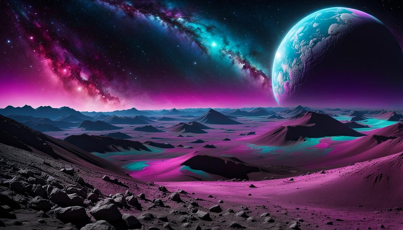 Dramatic Lunar Landscape with Vibrant Nebulae