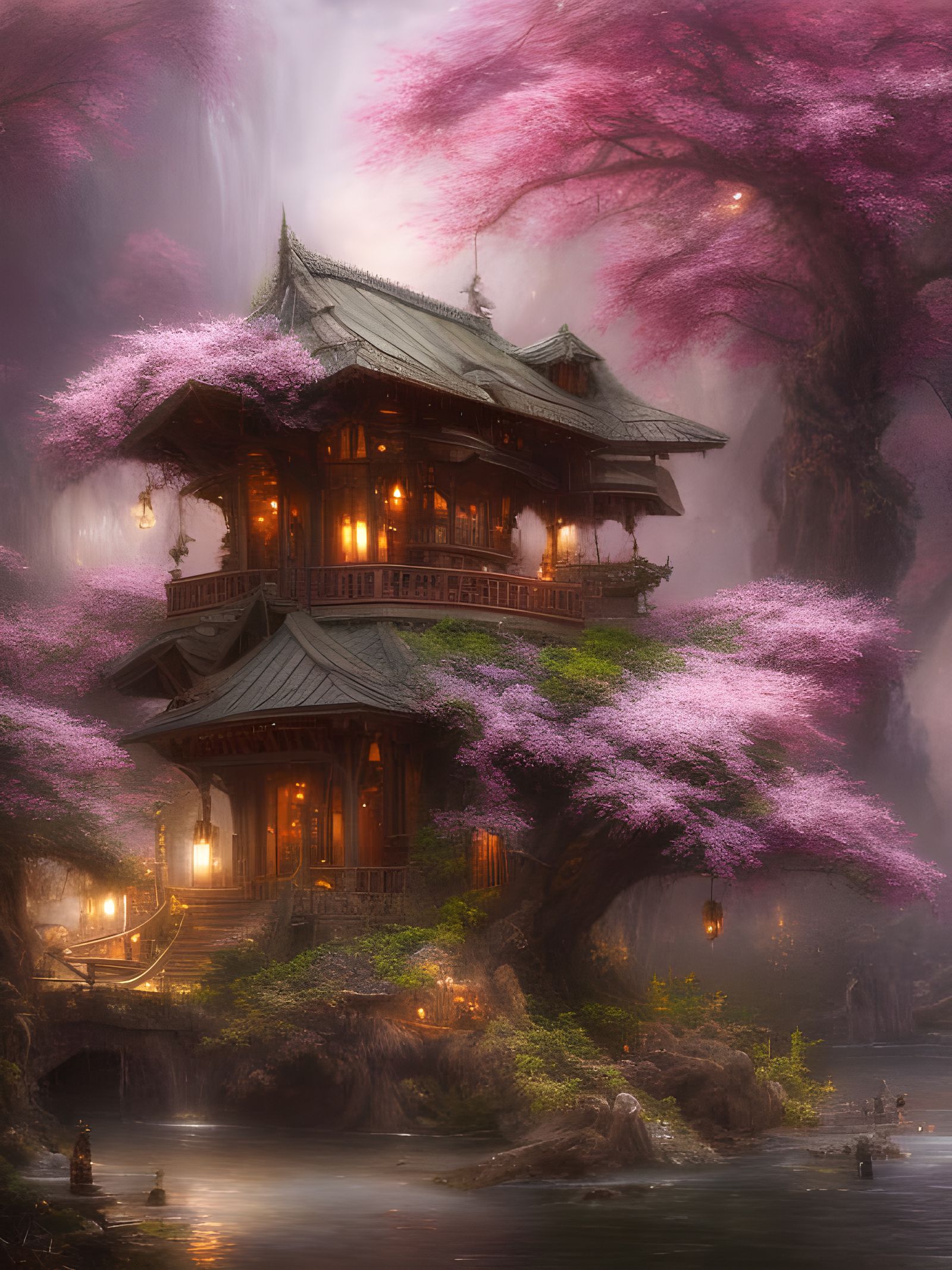 Cherry Blossom Treehouse: Hyper-Detailed Oil Painting