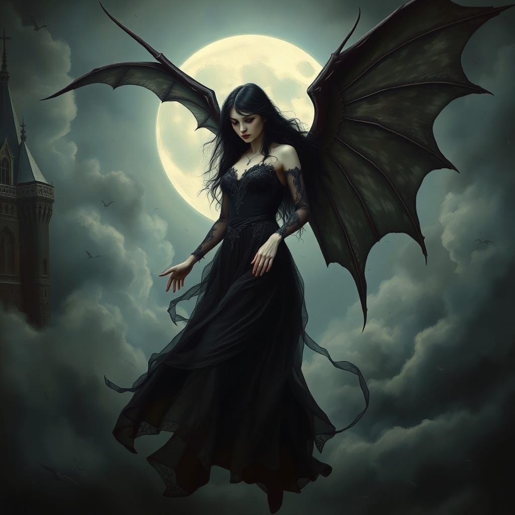 Dark Angel Princess Soars Through a Stormy Gothic Sky
