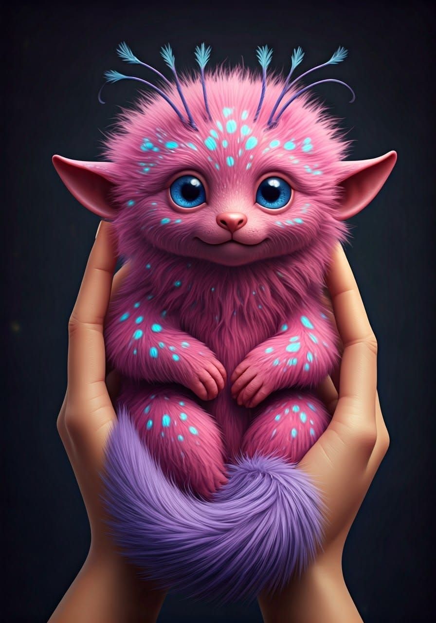 Enchanting, Hyper-Realistic Creature with Vibrant Pink Fur a...