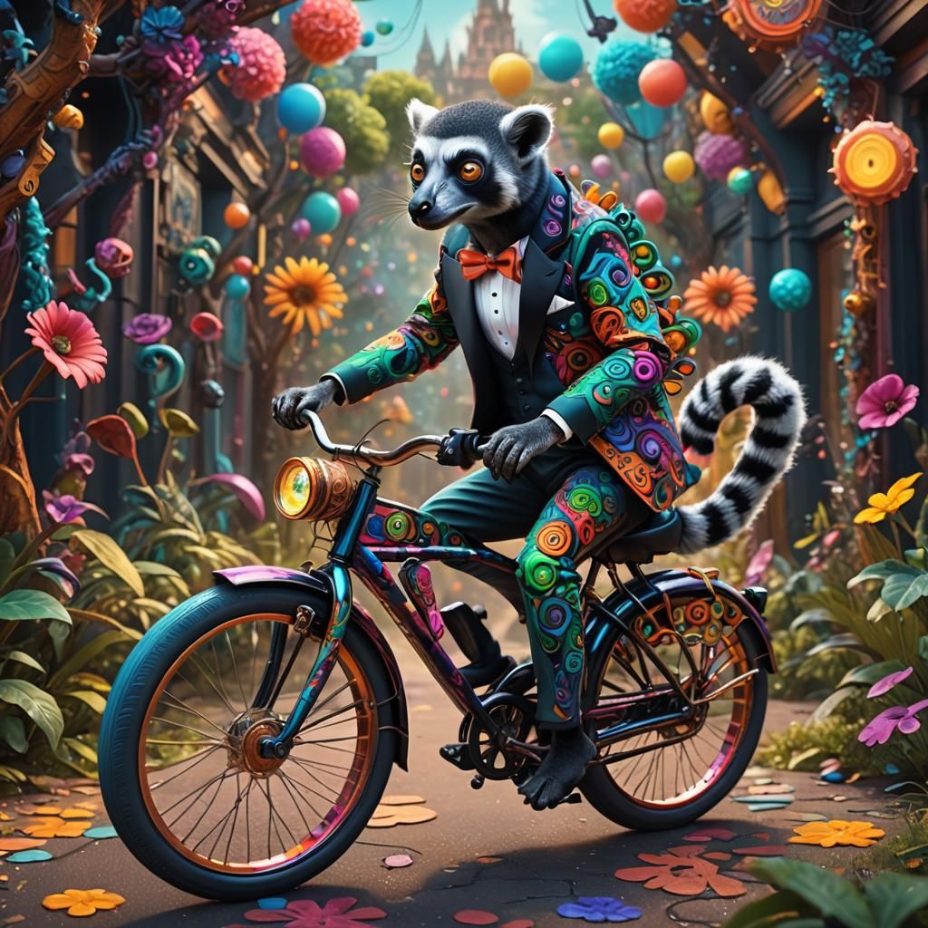 Psychedelic Lemur in Tuxedo on Bicycle