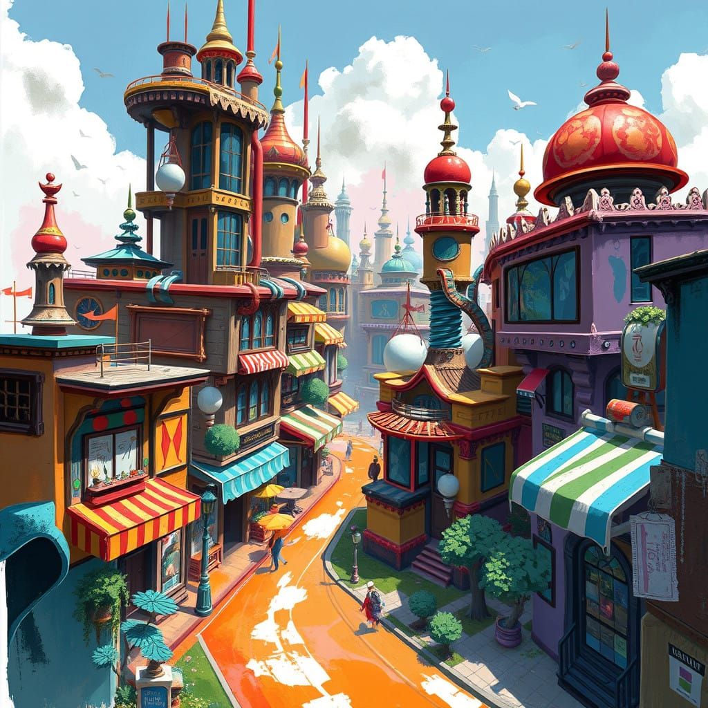 Fantastical Coffee Street Digital Art in Vibrant Abstract St...