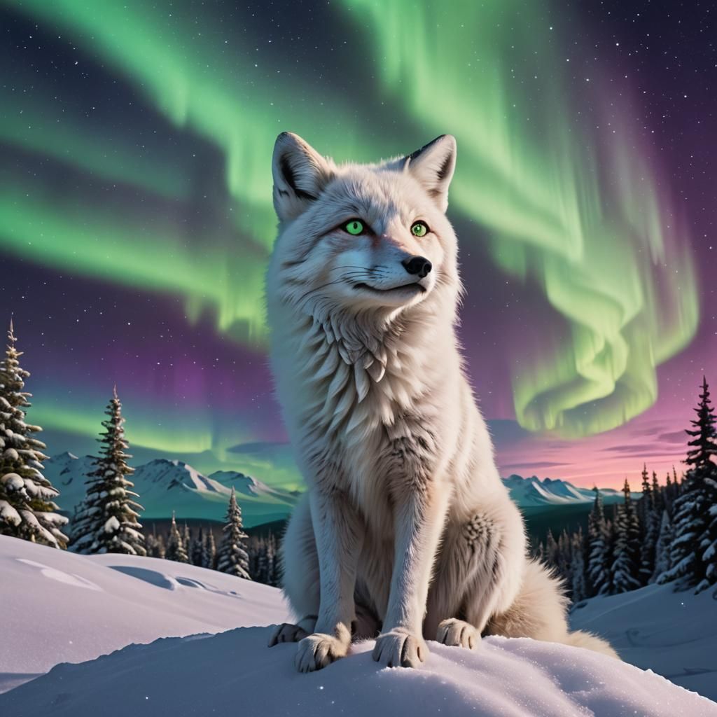 Snow Fox Gazing at Aurora Borealis