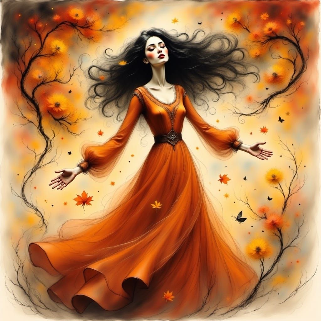 Whimsical Woman Embraces Autumn Sky