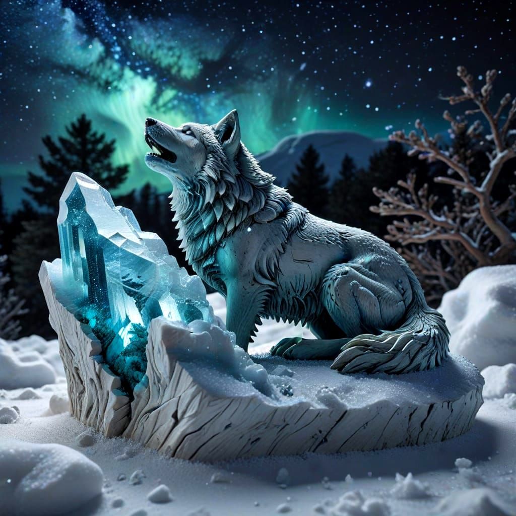 Magnesite Wolf Carving Under Aurora Sky