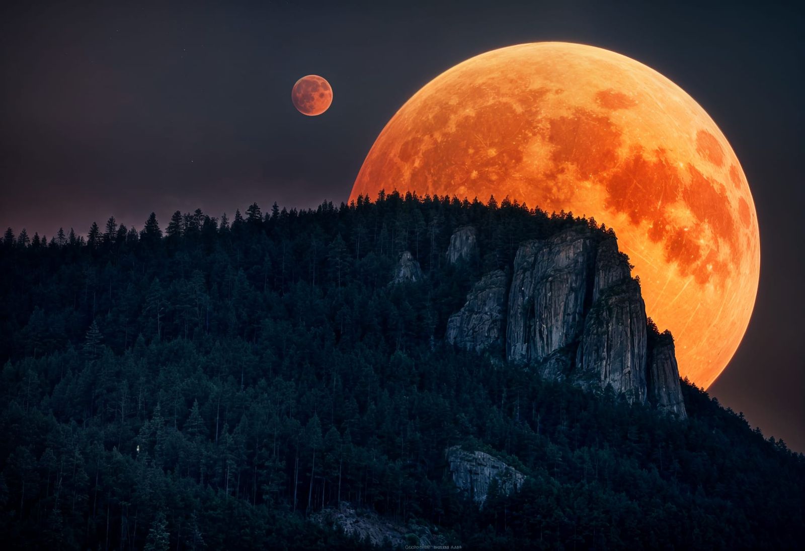 Dramatic Red Moonrise Over Mountain Peak: Photorealistic Fil...