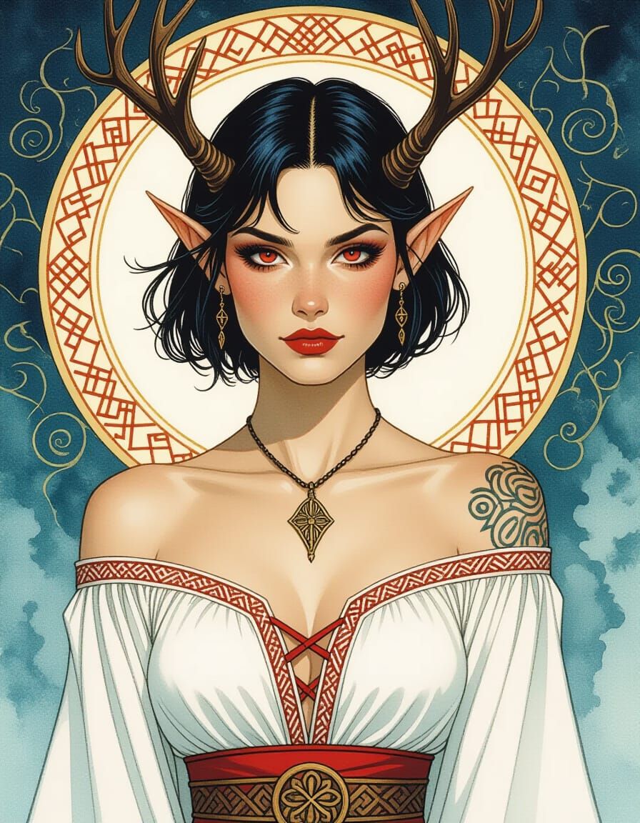 Watercolor Elf Princess with Runes as Gouache Painting