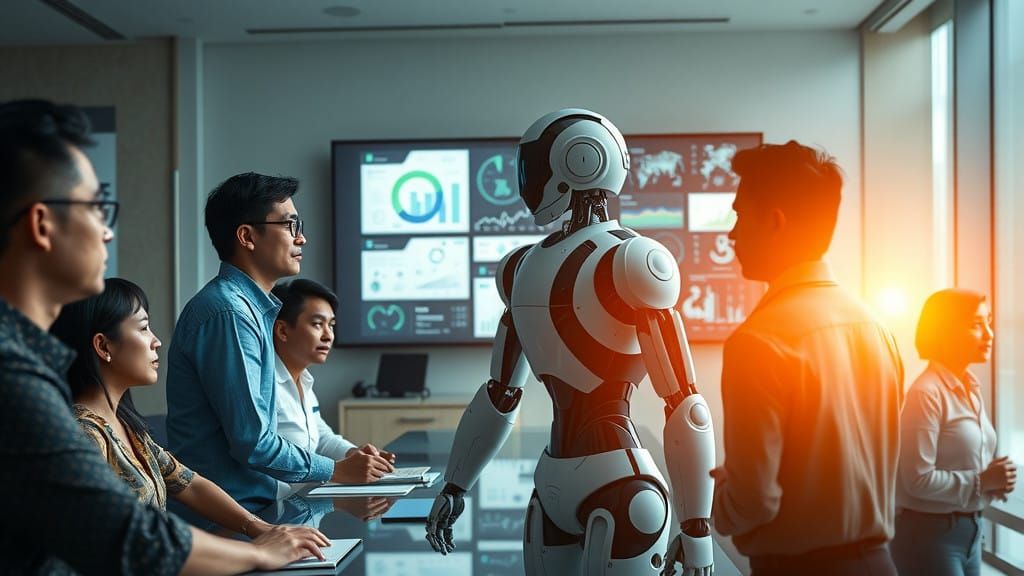 Humanoid AI Robot Leads Diverse Team in Modern Meeting Room
