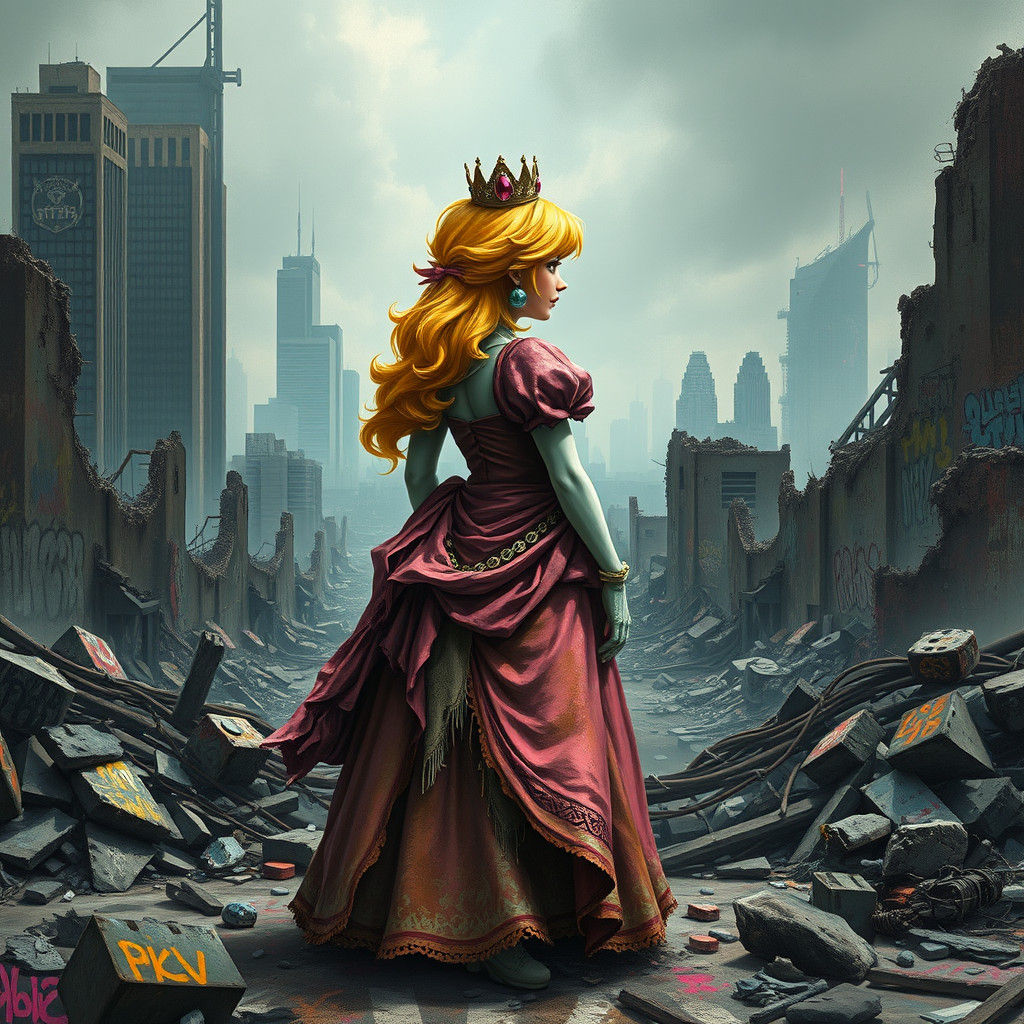 Princess Peach in Dystopian Wasteland, Dark Fantasy Art