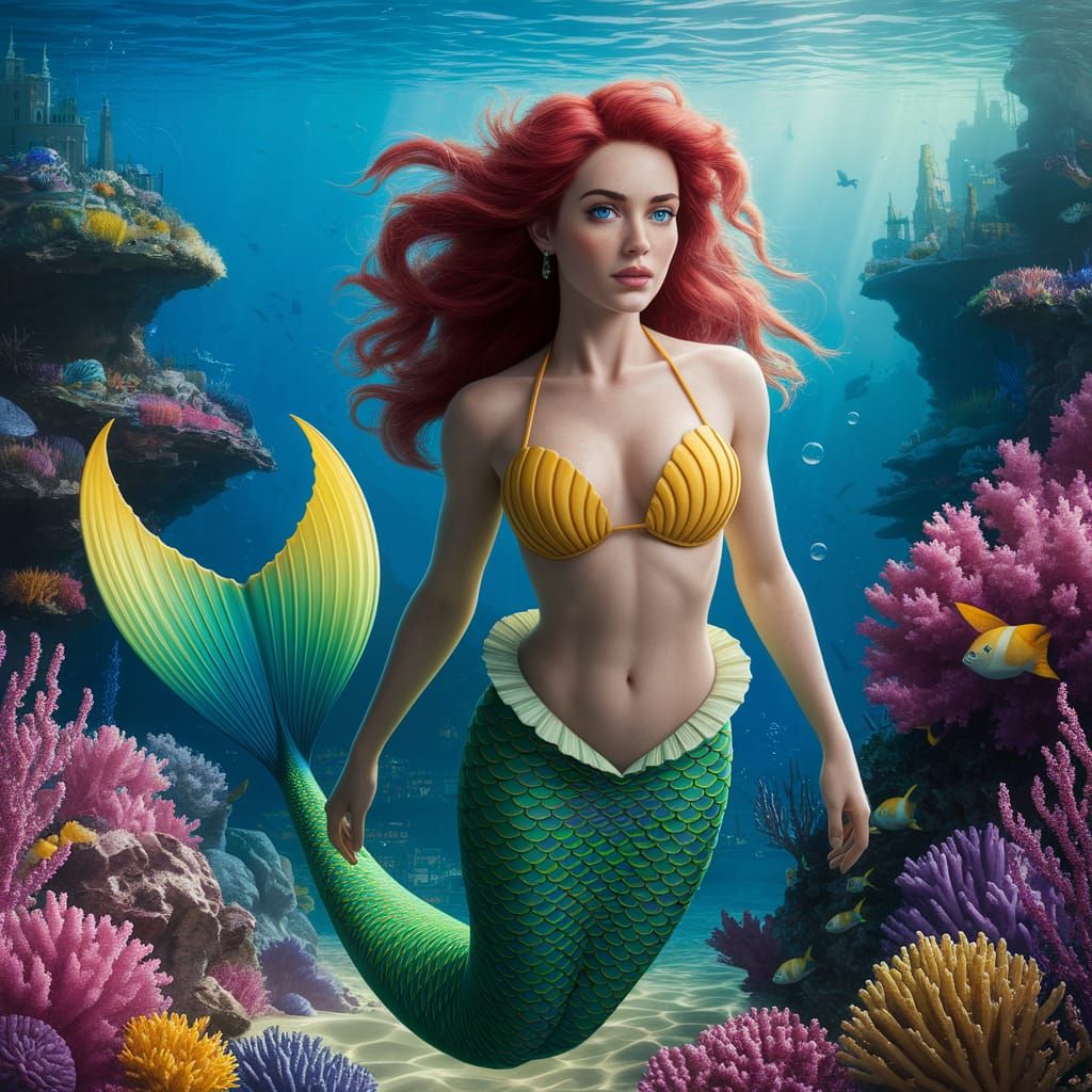 Hyperrealistic Mermaid with Coral Reef City