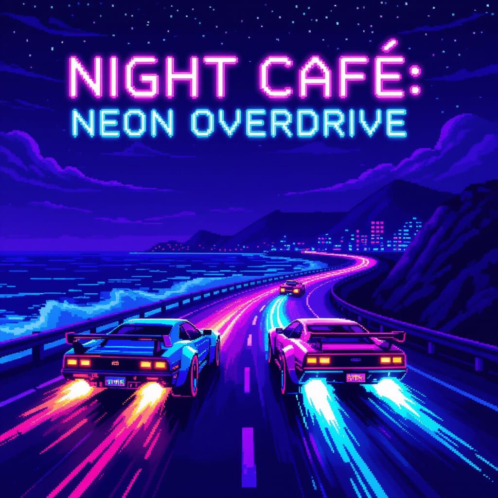 Retro 8-bit arcade game title screen "Night Café: Neon Overdrive" with pixelated logo glowing violet and cyan

Two wildl...