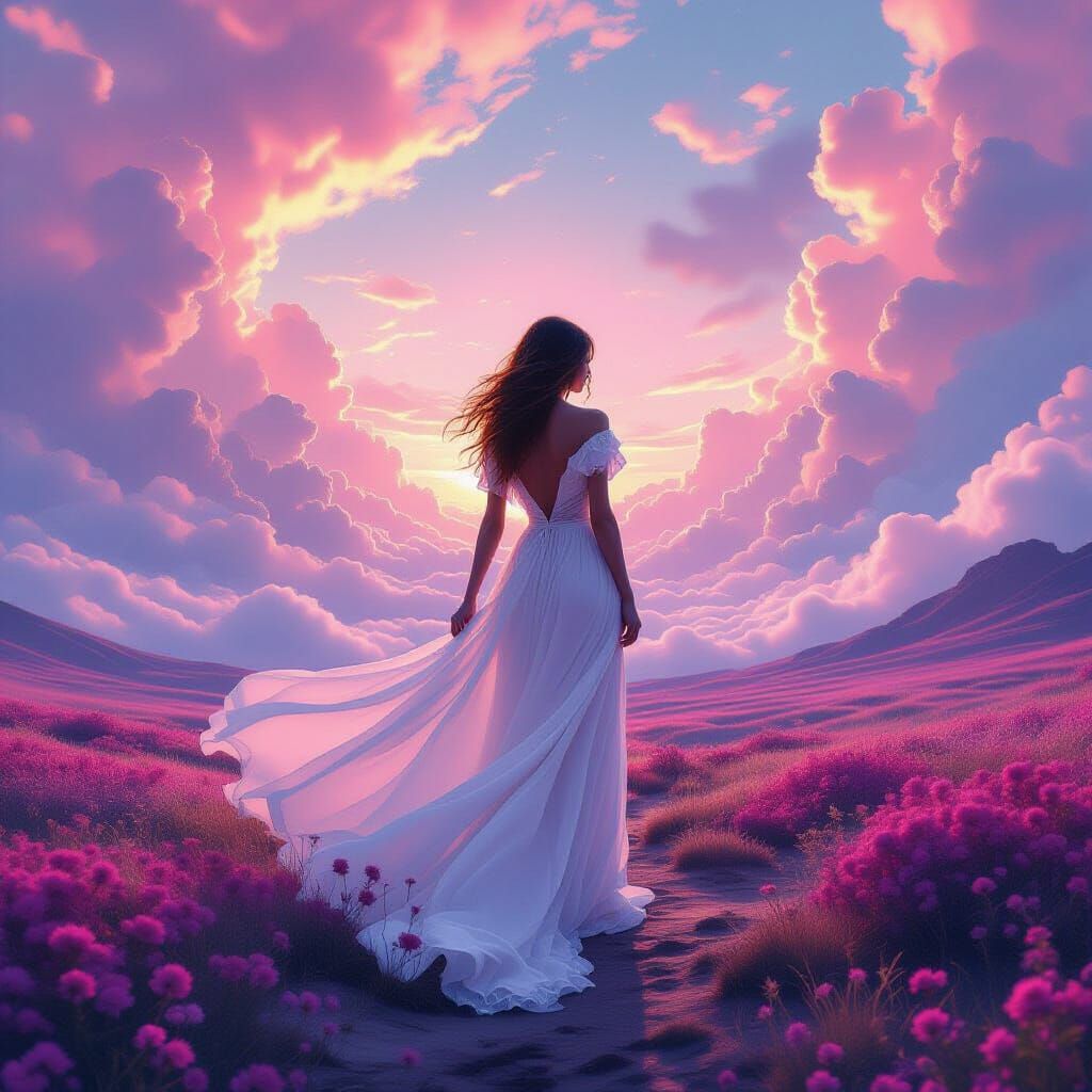 Mystical Woman in Dreamlike Psychedelic Landscape