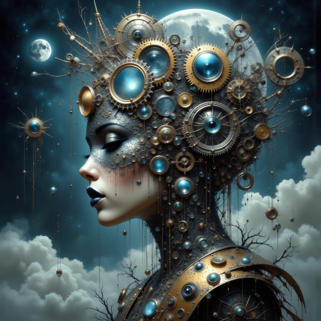 Celestial Automaton Reflecting Fractal Landscape in Moonligh...