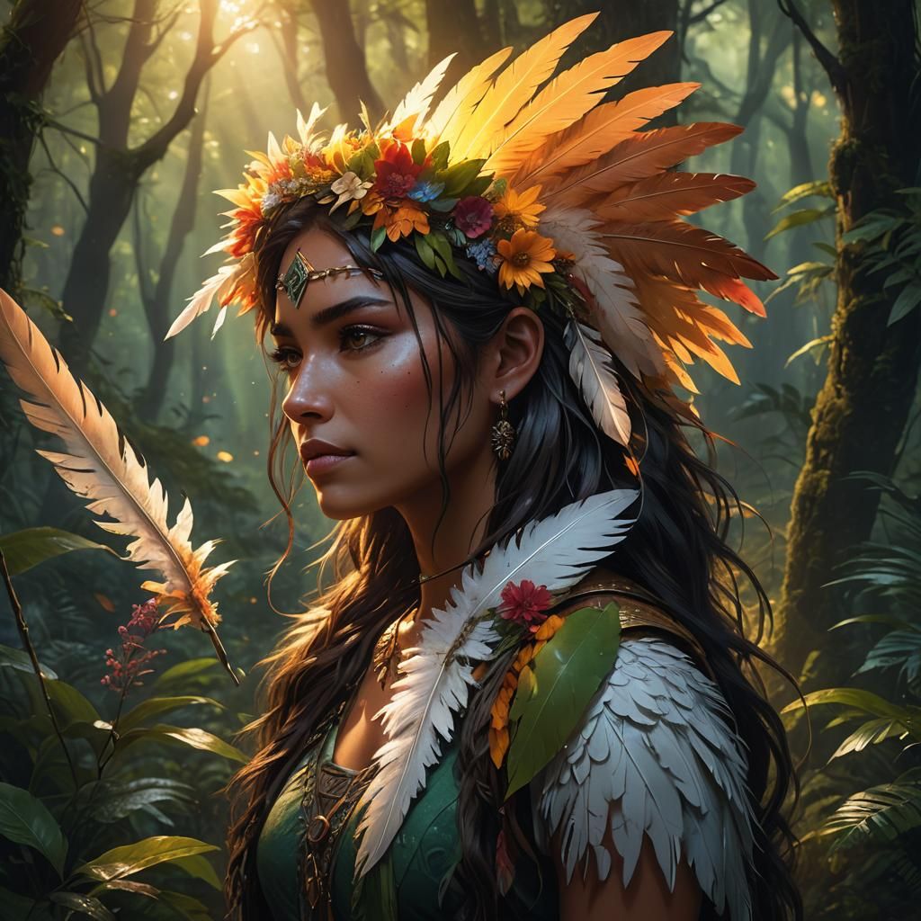 Xochitl Girl with Glowing Feather in Fantasy Forest