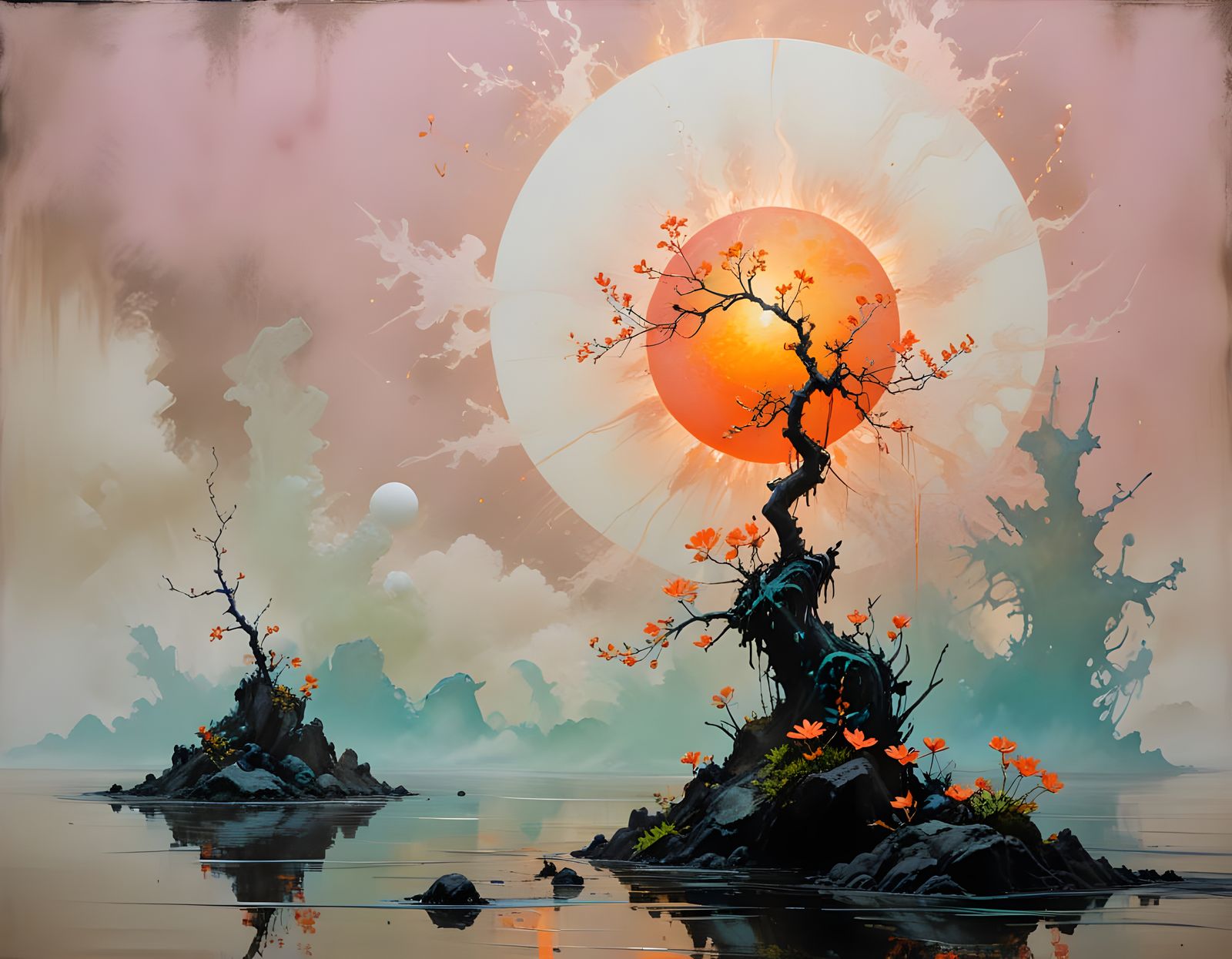 Ikebana with Neon Blooms on Black Background