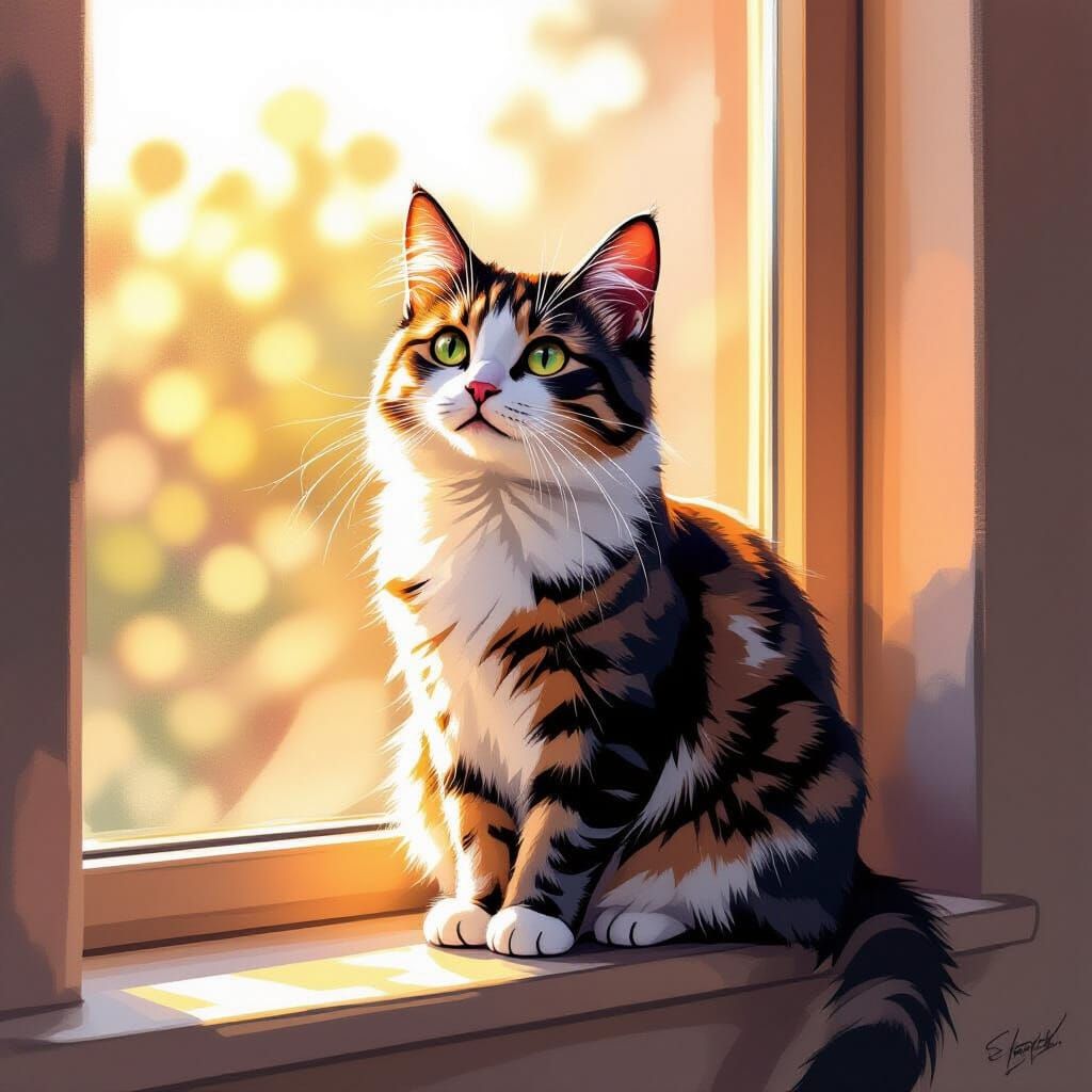 Sunlit Cat on Windowsill in Digital Watercolor Style