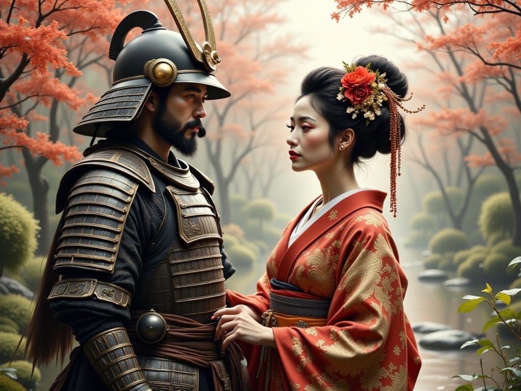 Samurai and Geisha in Japanese Garden, Ukiyo-e Style