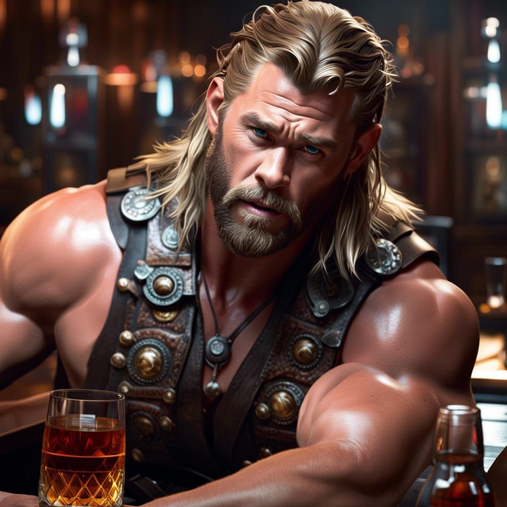 Chris Hemsworth is barbarian in bar drinking whiskey